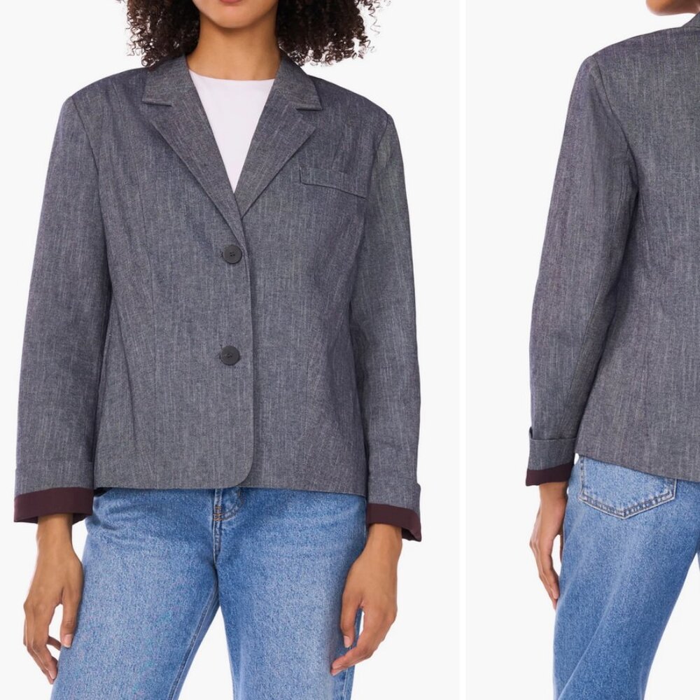 Halogen Charcoal Navy Cotton Blazer with Maroon Cuffs Size Large